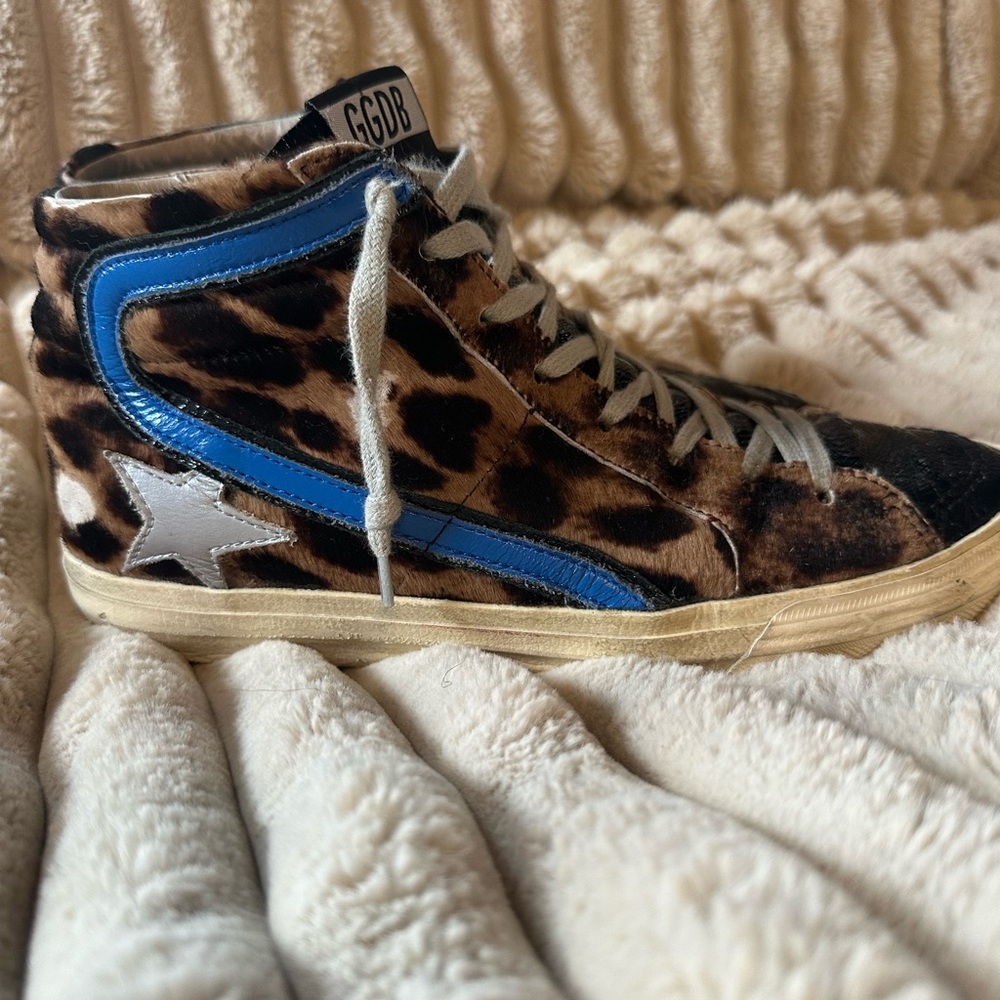 Golden Goose Leopard Print High-Top Sneakers with Blue Accents